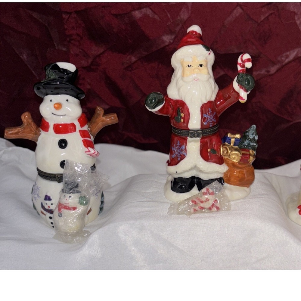 Vtg Christmas Porcelain Hinged Trinket Boxes‎ Santa Snowman W/ Special Gifts 2pc